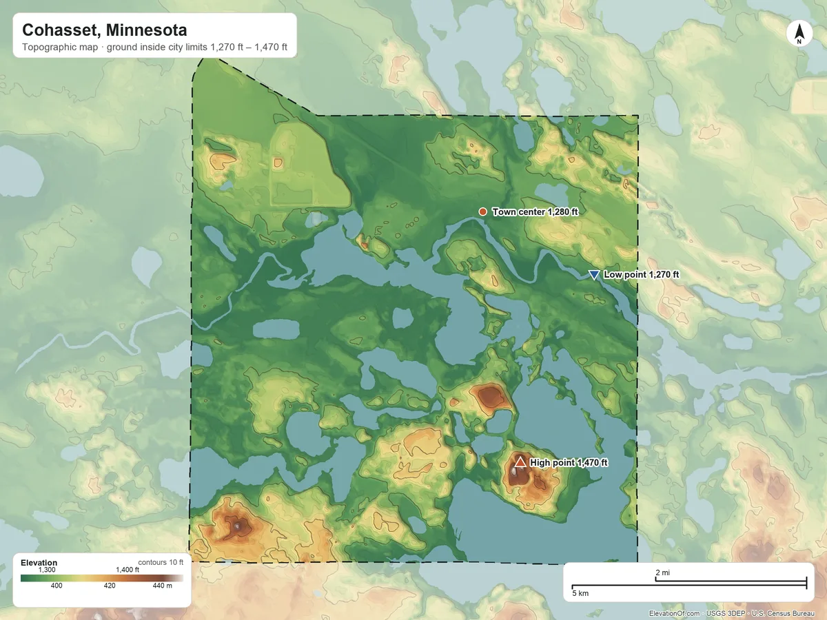 Topographic elevation map of Cohasset, Minnesota, shaded from 1,270 ft on the southeast side to 1,470 ft on the south side