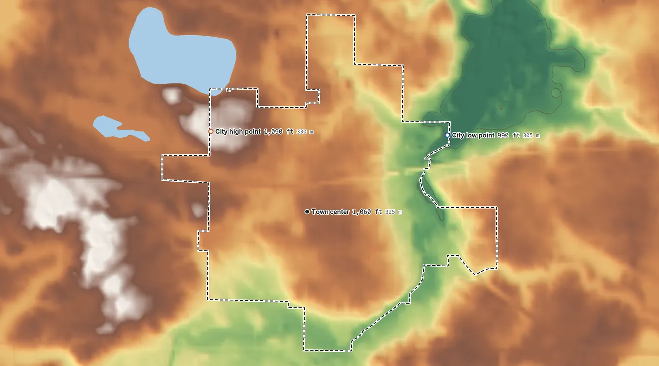 Topographic elevation map of Cokato, Minnesota, shaded from 990 ft on the northeast side to 1,090 ft on the northwest side