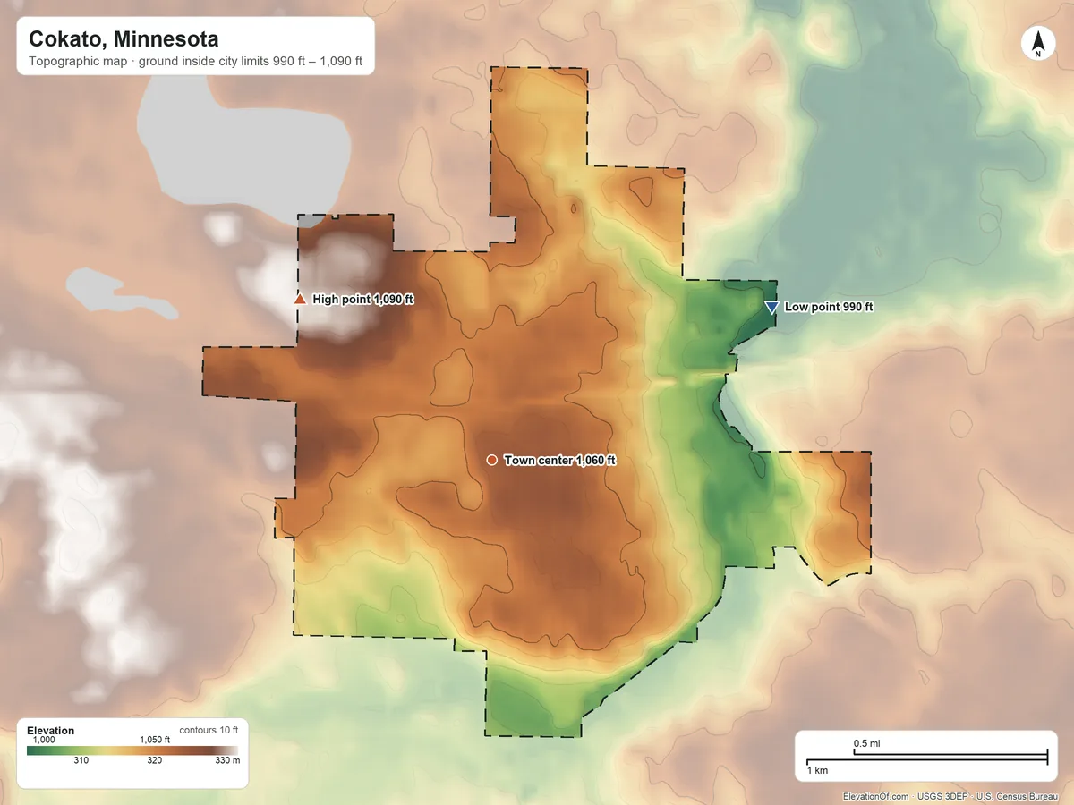 Topographic elevation map of Cokato, Minnesota, shaded from 990 ft on the northeast side to 1,090 ft on the northwest side