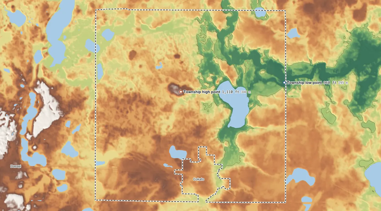 Topographic elevation map of Cokato Township, Minnesota, shaded from 960 ft on the east side to 1,110 ft on the northwest side