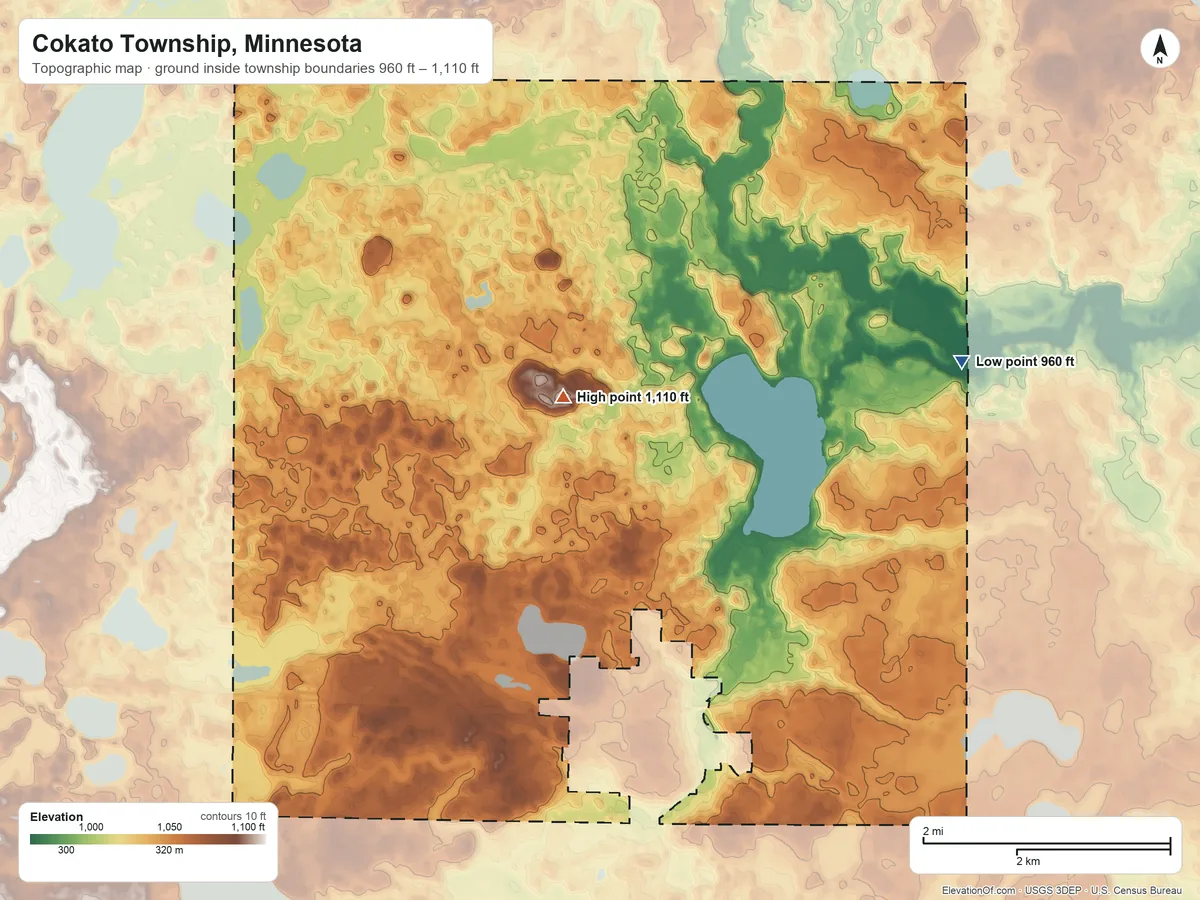 Topographic elevation map of Cokato Township, Minnesota, shaded from 960 ft on the east side to 1,110 ft on the northwest side