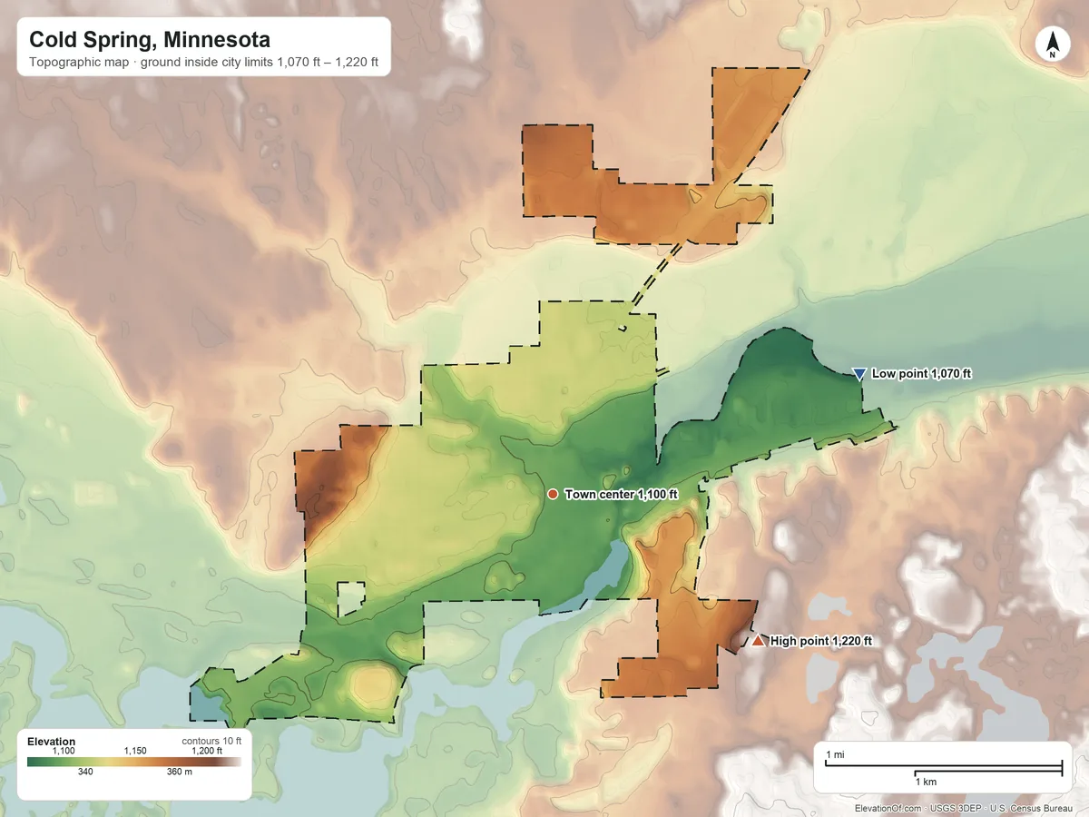 Topographic elevation map of Cold Spring, Minnesota, shaded from 1,070 ft on the east side to 1,220 ft on the southeast side