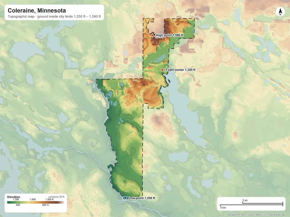 Topographic elevation map of Coleraine, Minnesota, shaded from 1,250 ft on the south side to 1,590 ft on the north side