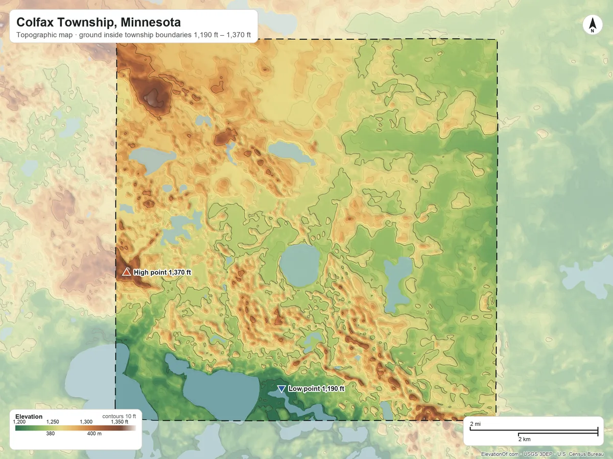 Topographic elevation map of Colfax Township, Minnesota, shaded from 1,190 ft on the south side to 1,370 ft on the west side