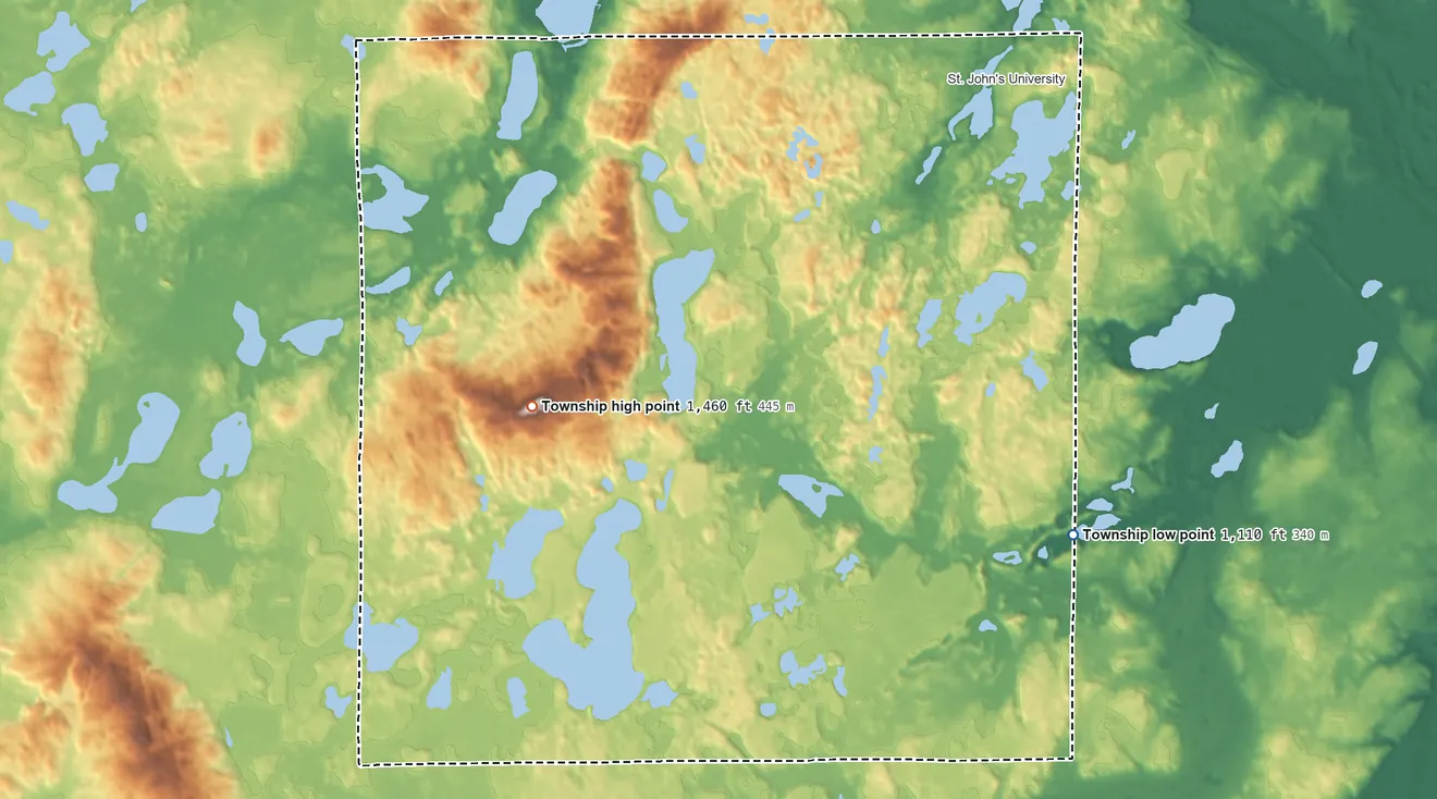 Topographic elevation map of Collegeville Township, Minnesota, shaded from 1,110 ft on the southeast side to 1,460 ft on the west side