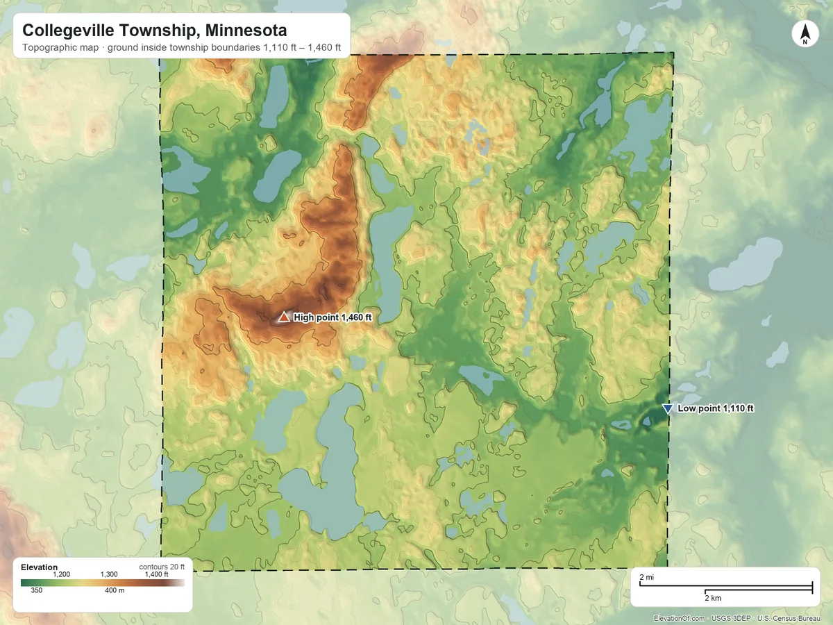 Topographic elevation map of Collegeville Township, Minnesota, shaded from 1,110 ft on the southeast side to 1,460 ft on the west side