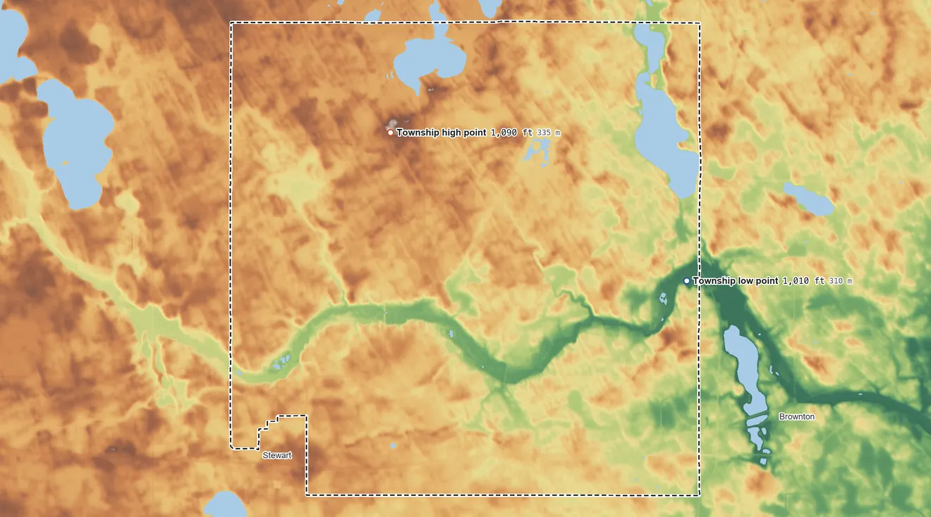 Topographic elevation map of Collins Township, Minnesota, shaded from 1,010 ft on the east side to 1,090 ft on the northwest side