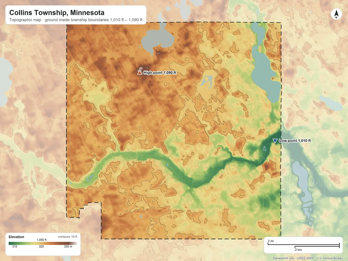 Topographic elevation map of Collins Township, Minnesota, shaded from 1,010 ft on the east side to 1,090 ft on the northwest side