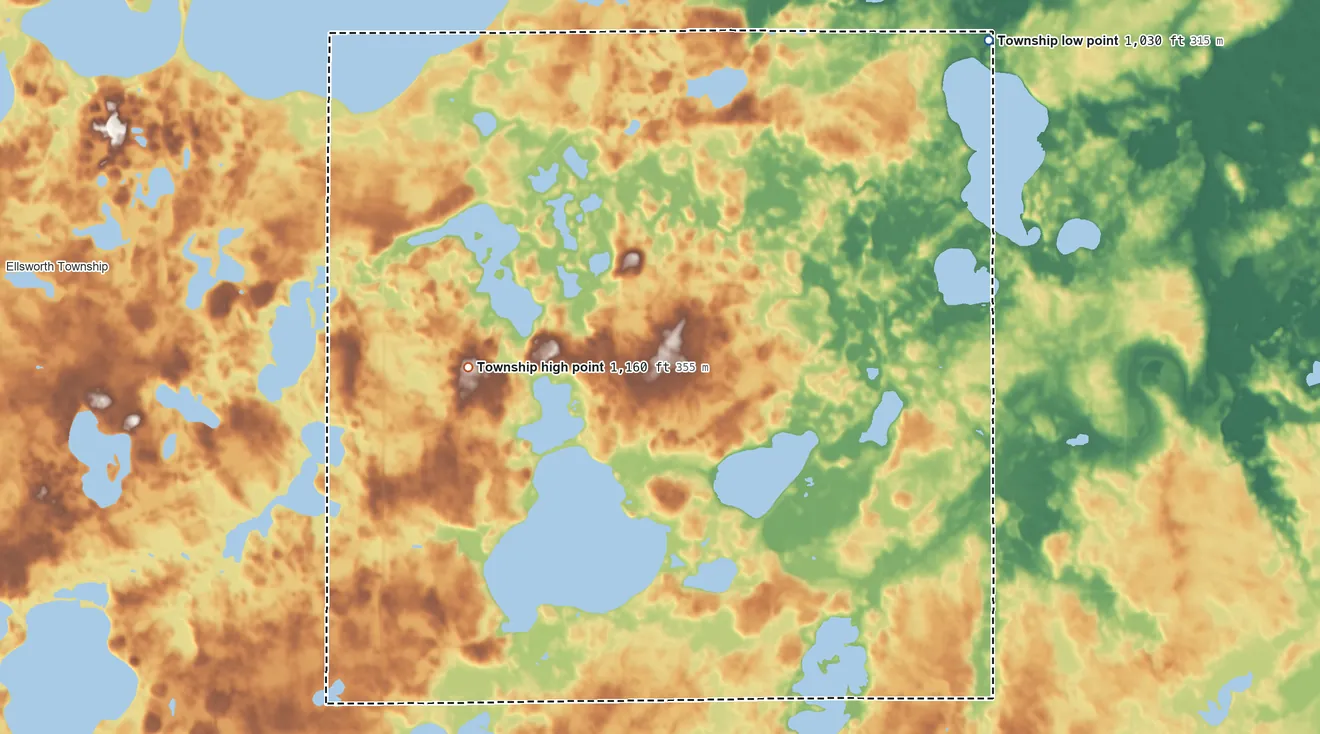 Topographic elevation map of Collinwood Township, Minnesota, shaded from 1,030 ft on the northeast side to 1,160 ft on the west side