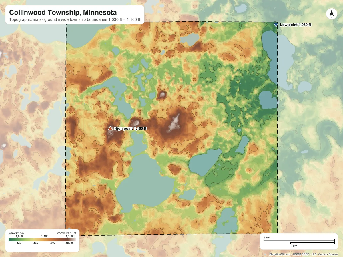 Topographic elevation map of Collinwood Township, Minnesota, shaded from 1,030 ft on the northeast side to 1,160 ft on the west side