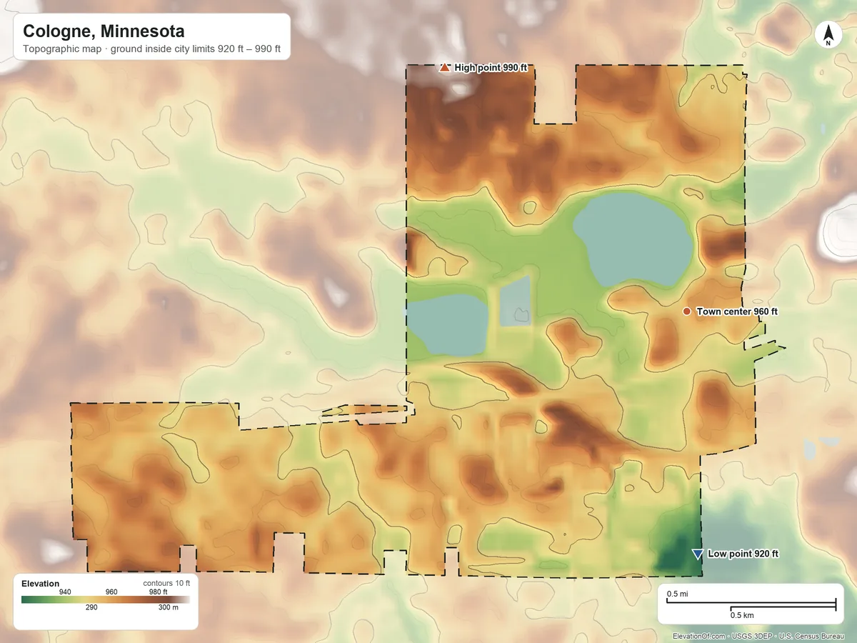 Topographic elevation map of Cologne, Minnesota, shaded from 920 ft on the south side to 990 ft on the northwest side