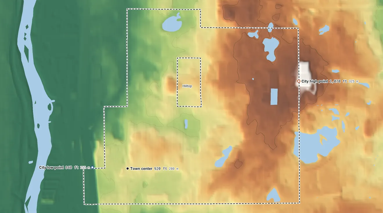 Topographic elevation map of Columbia Heights, Minnesota, shaded from 840 ft on the west side to 1,070 ft on the northeast side