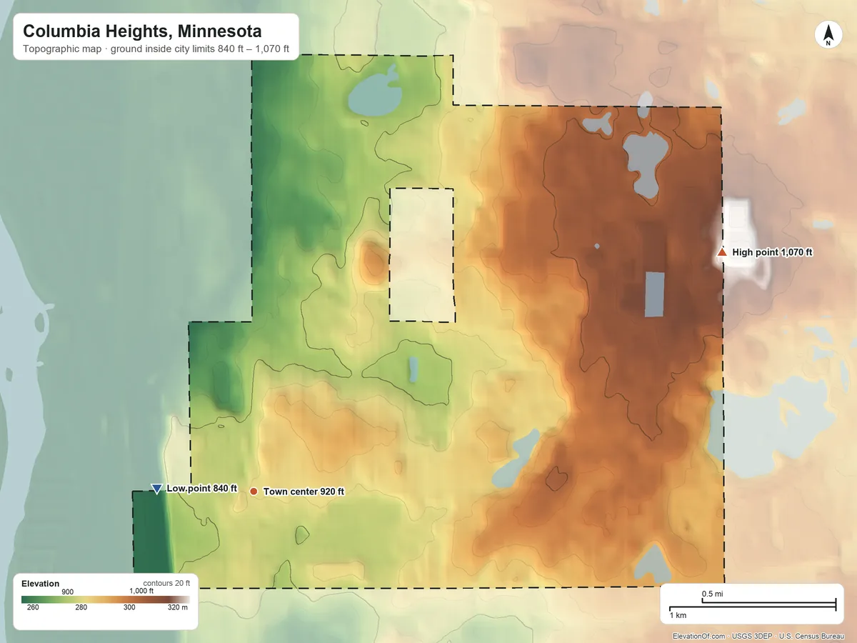 Topographic elevation map of Columbia Heights, Minnesota, shaded from 840 ft on the west side to 1,070 ft on the northeast side