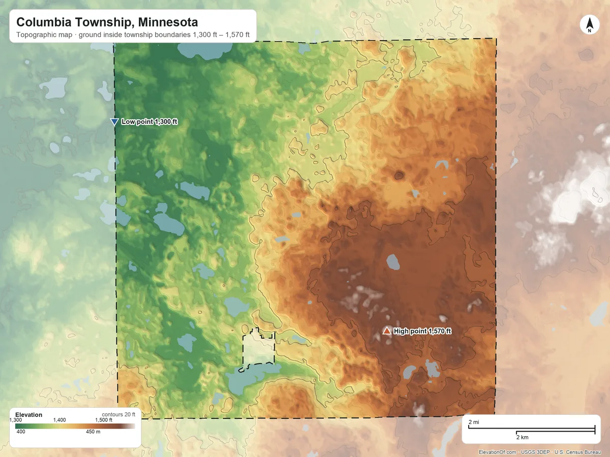 Topographic elevation map of Columbia Township, Minnesota, shaded from 1,300 ft on the northwest side to 1,570 ft on the southeast side