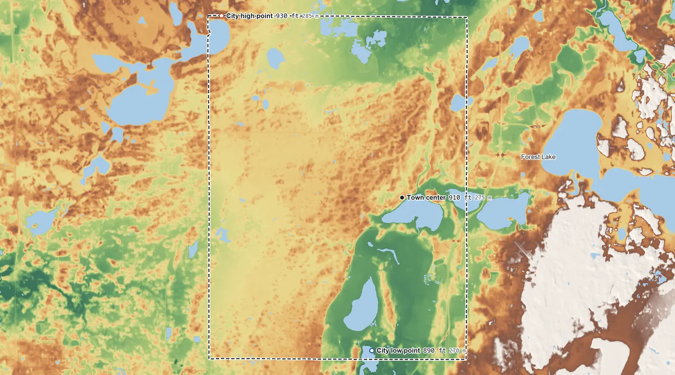 Topographic elevation map of Columbus, Minnesota, shaded from 890 ft on the south side to 930 ft on the northwest side