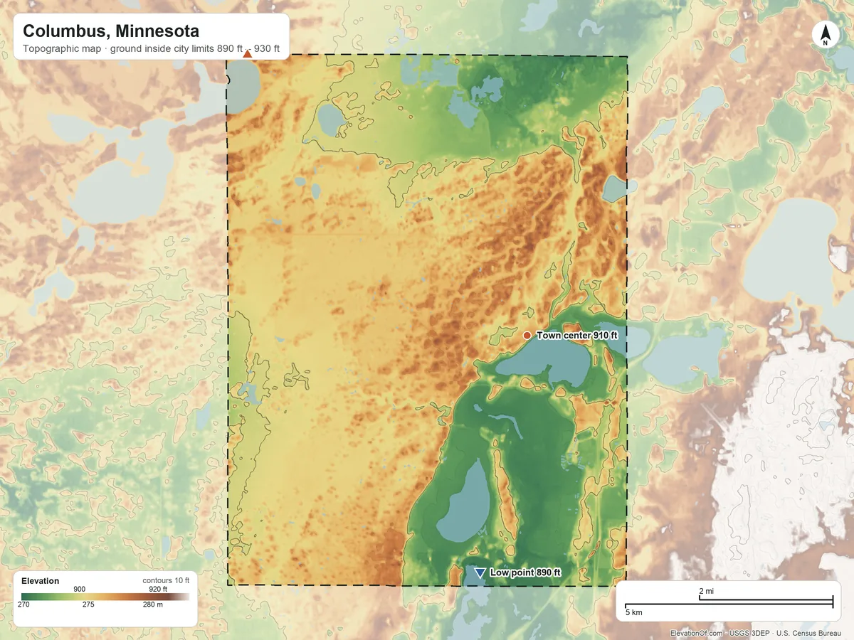 Topographic elevation map of Columbus, Minnesota, shaded from 890 ft on the south side to 930 ft on the northwest side