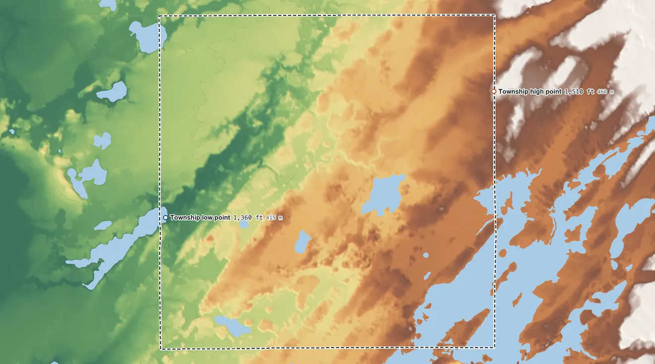 Topographic elevation map of Colvin Township, Minnesota, shaded from 1,360 ft on the west side to 1,510 ft on the northeast side