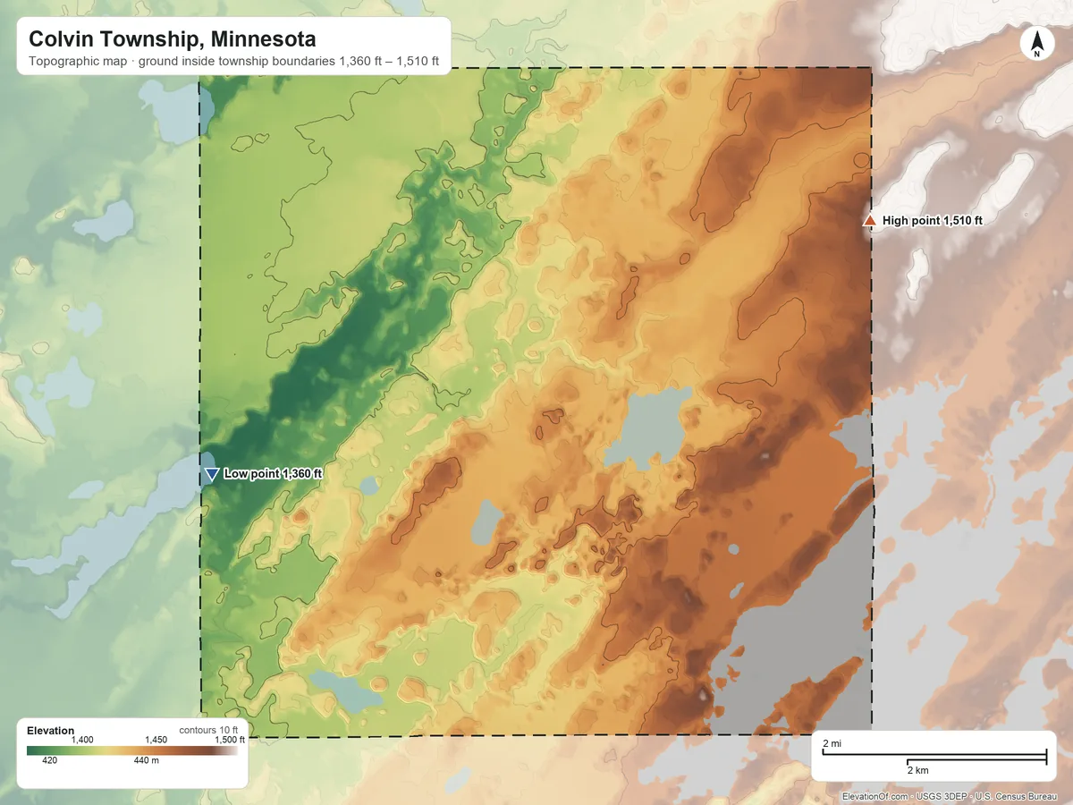 Topographic elevation map of Colvin Township, Minnesota, shaded from 1,360 ft on the west side to 1,510 ft on the northeast side