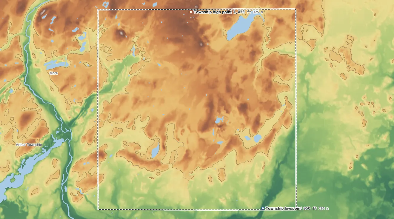 Topographic elevation map of Comfort Township, Minnesota, shaded from 950 ft on the southeast side to 1,070 ft on the north side