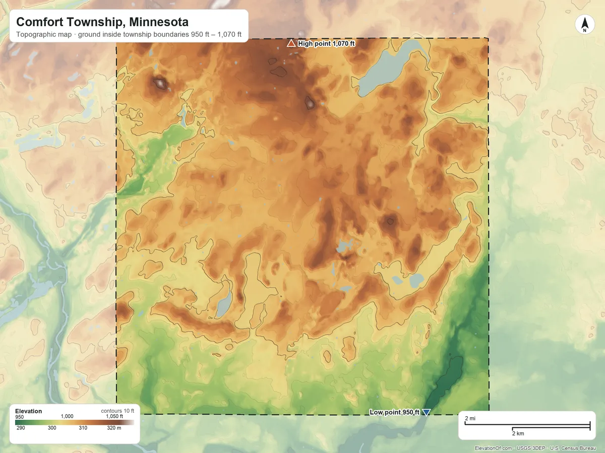 Topographic elevation map of Comfort Township, Minnesota, shaded from 950 ft on the southeast side to 1,070 ft on the north side