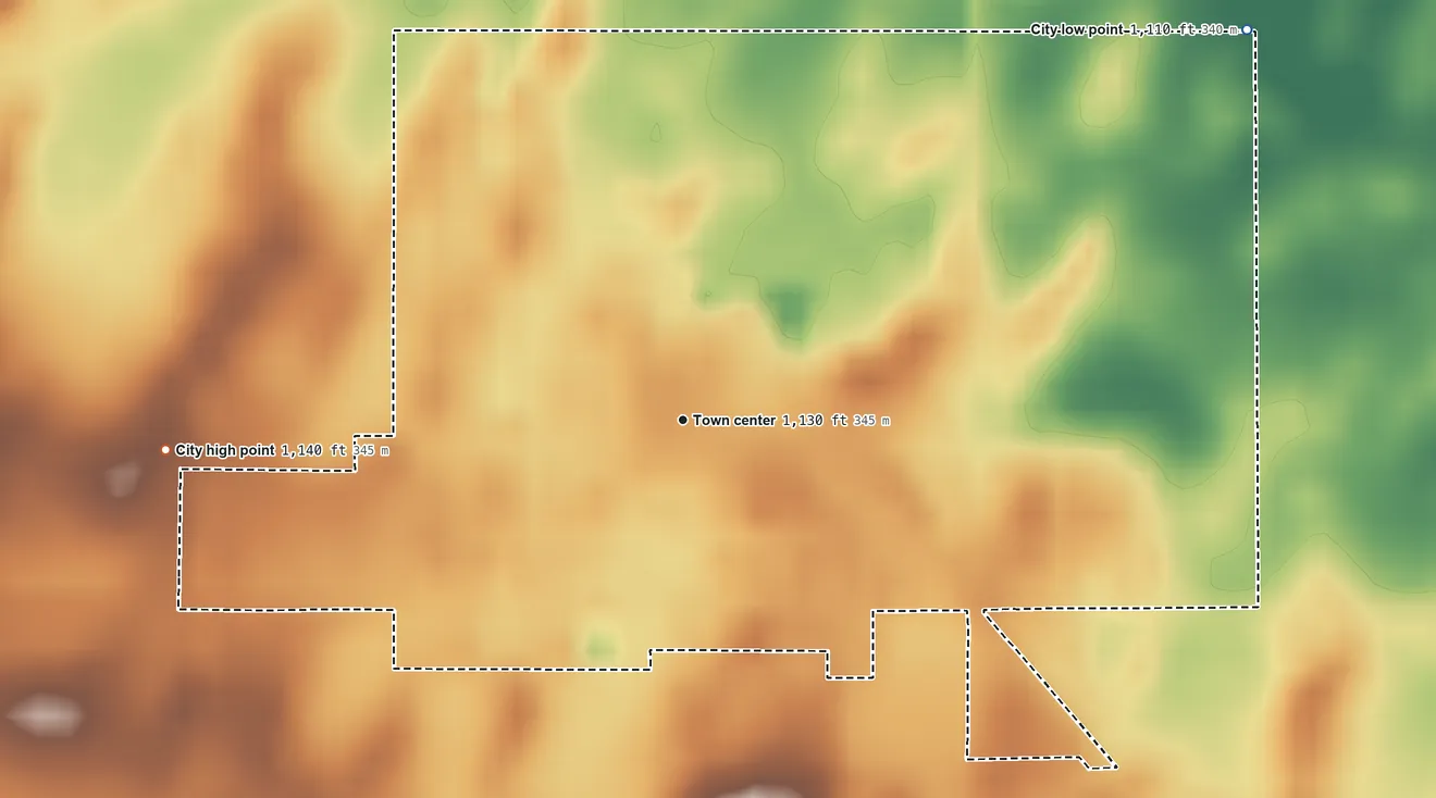 Topographic elevation map of Comfrey, Minnesota, shaded from 1,110 ft on the northeast side to 1,140 ft on the west side