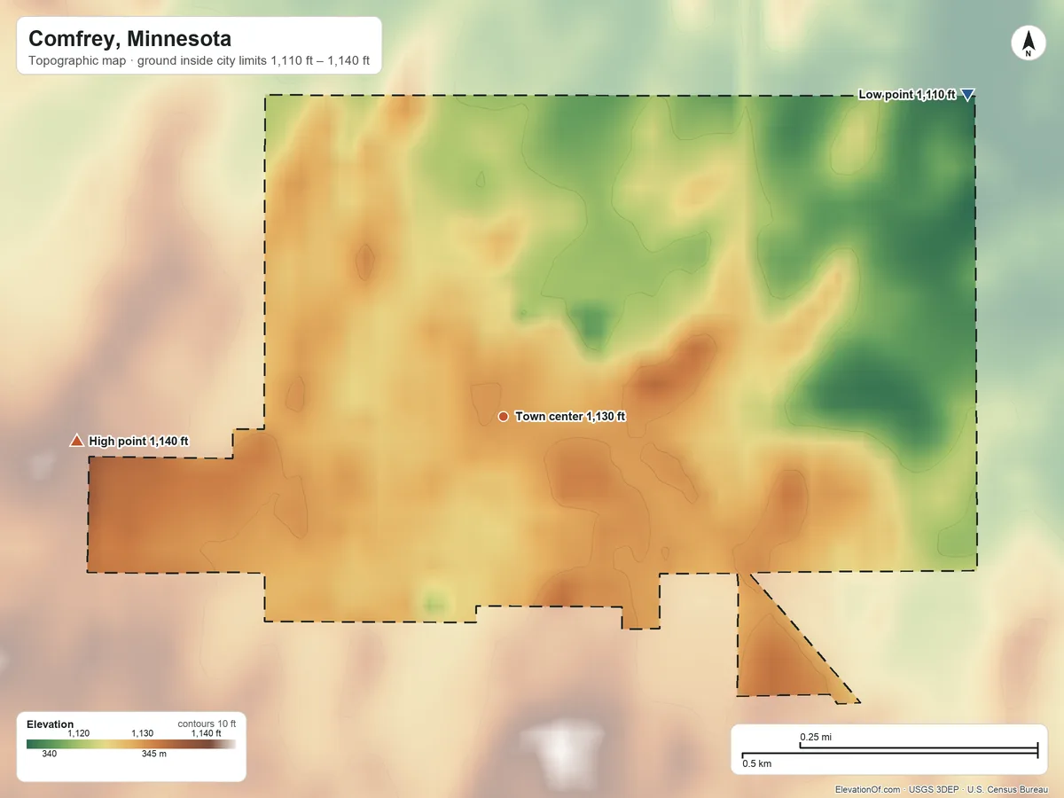 Topographic elevation map of Comfrey, Minnesota, shaded from 1,110 ft on the northeast side to 1,140 ft on the west side