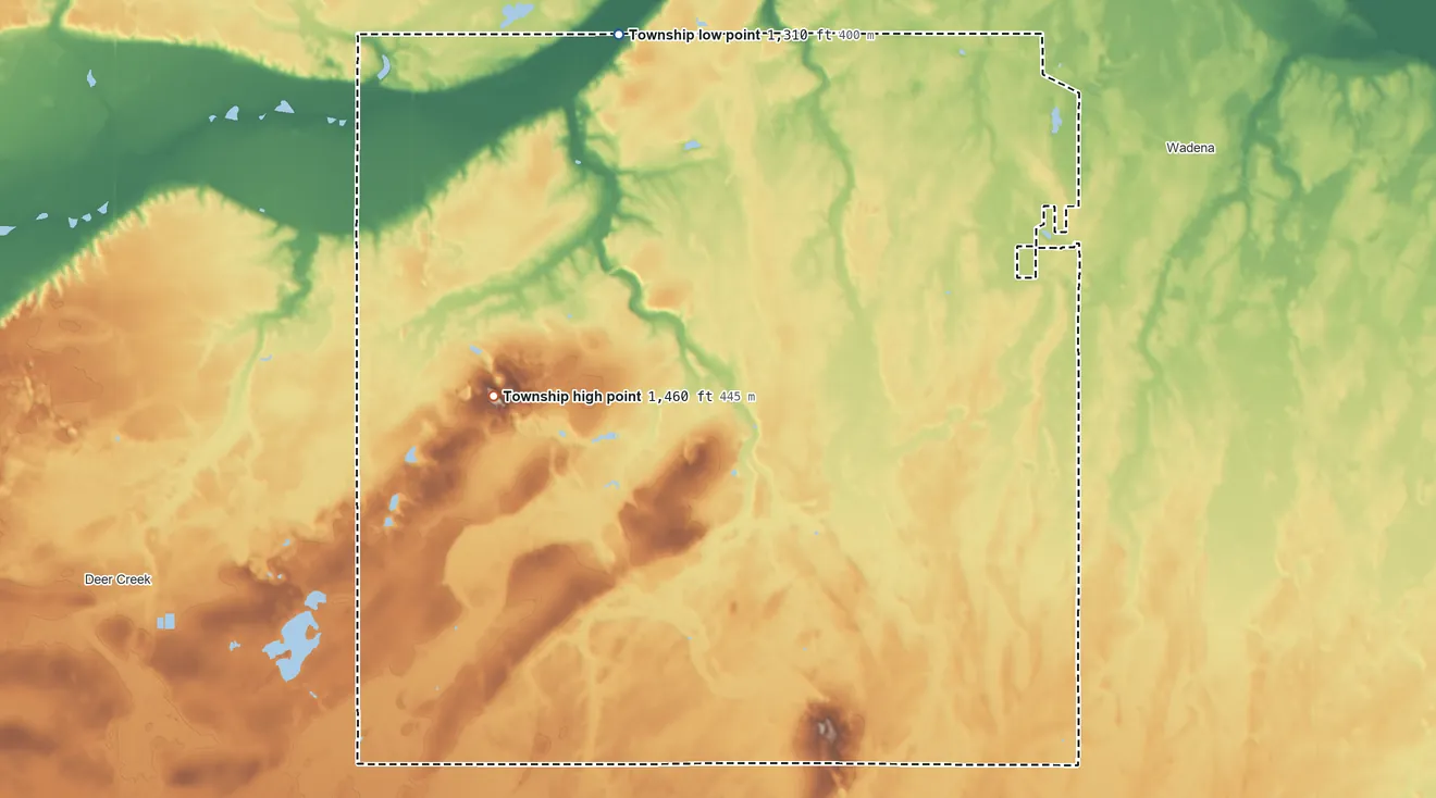 Topographic elevation map of Compton Township, Minnesota, shaded from 1,310 ft on the north side to 1,460 ft on the west side