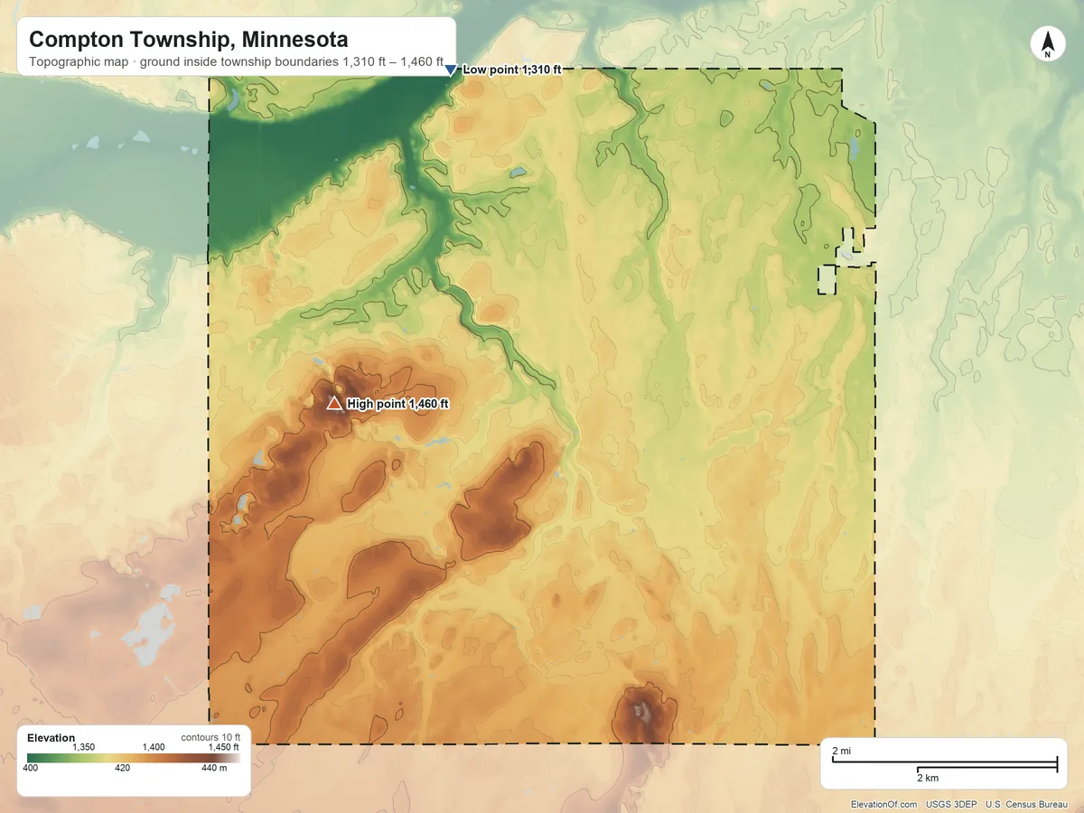 Topographic elevation map of Compton Township, Minnesota, shaded from 1,310 ft on the north side to 1,460 ft on the west side