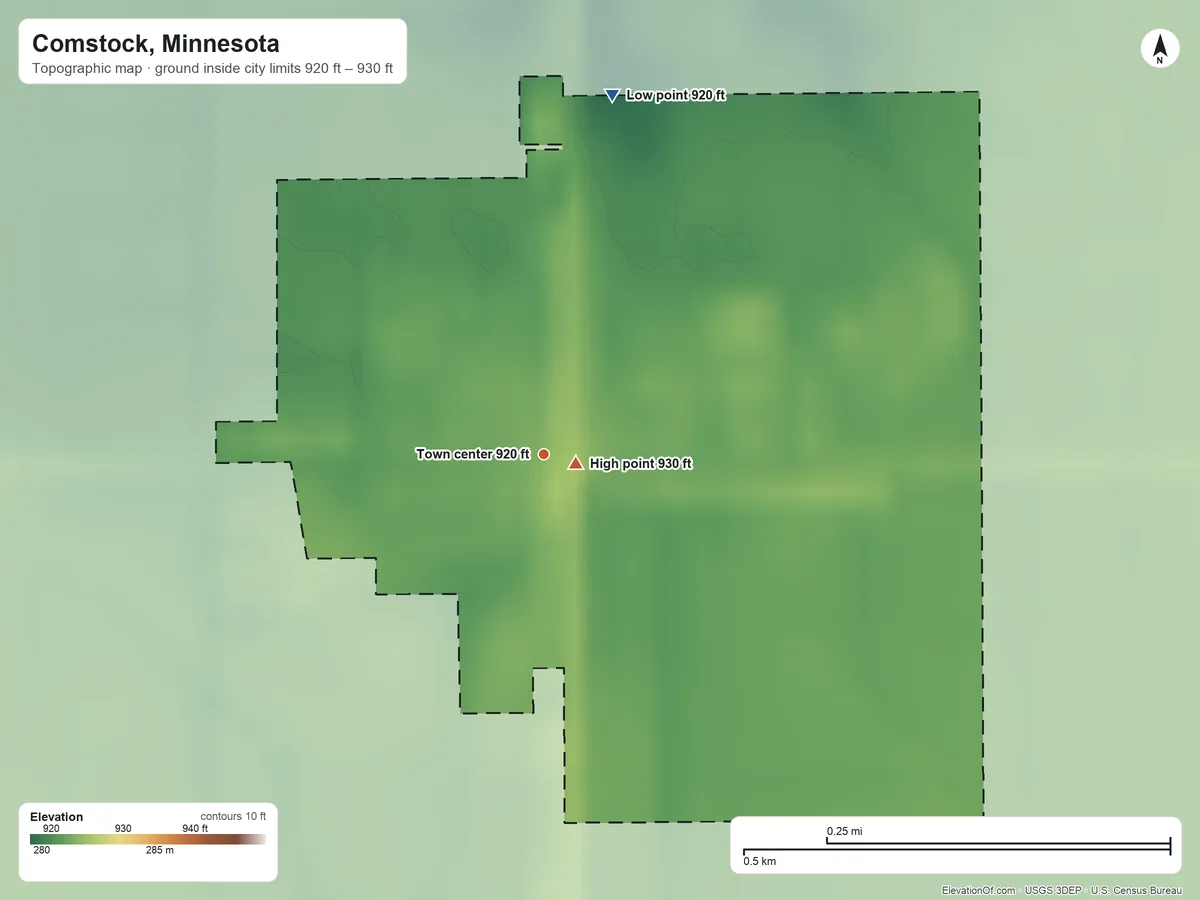 Topographic elevation map of Comstock, Minnesota, shaded from 920 ft on the north side to 930 ft near the middle
