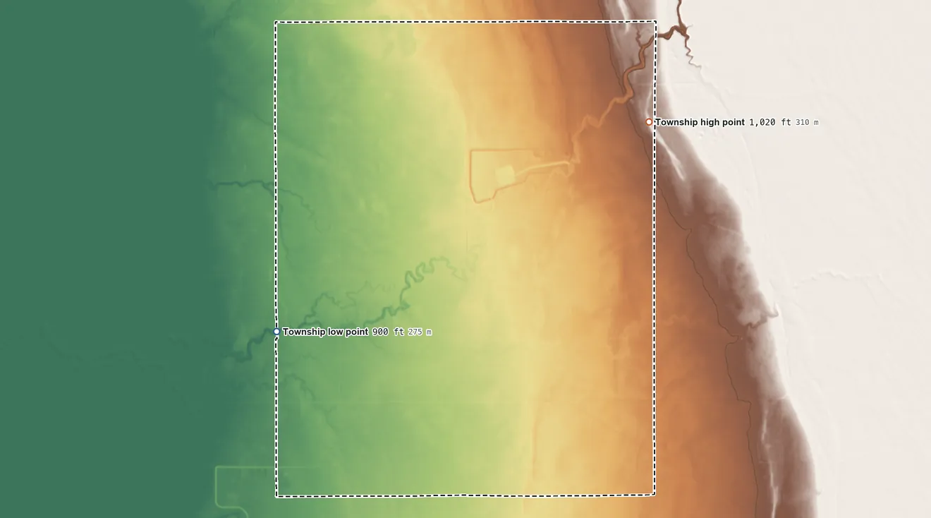 Topographic elevation map of Comstock Township, Minnesota, shaded from 900 ft on the southwest side to 1,020 ft on the east side