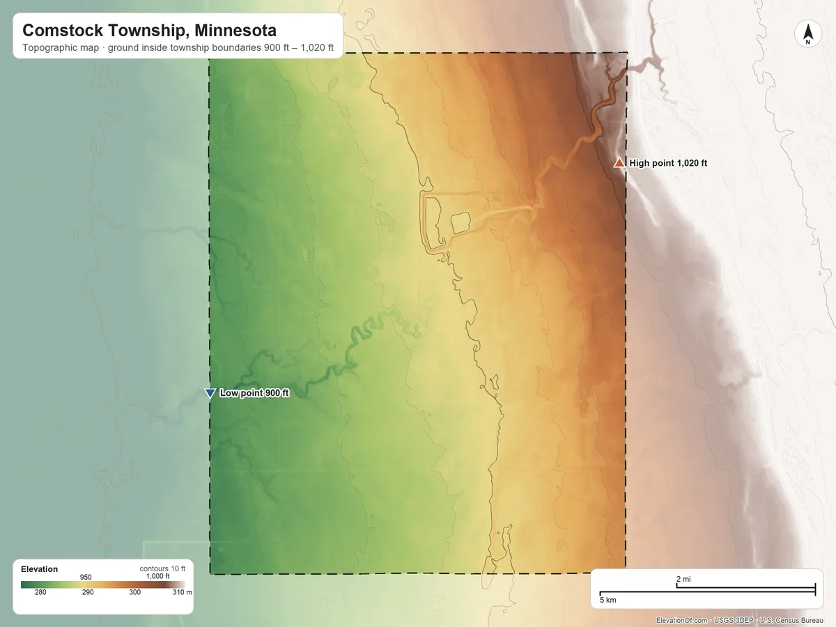Topographic elevation map of Comstock Township, Minnesota, shaded from 900 ft on the southwest side to 1,020 ft on the east side