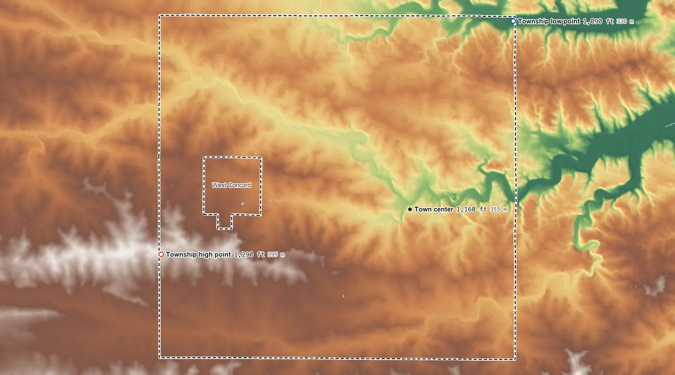 Topographic elevation map of Concord Township, Minnesota, shaded from 1,090 ft on the northeast side to 1,290 ft on the west side