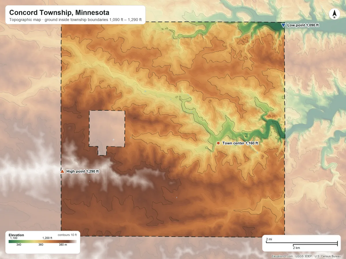Topographic elevation map of Concord Township, Minnesota, shaded from 1,090 ft on the northeast side to 1,290 ft on the west side