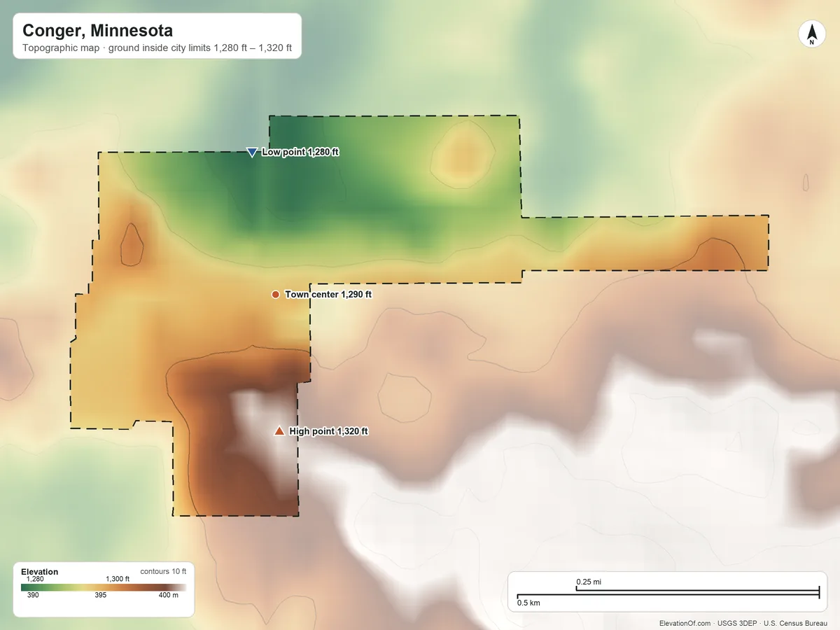 Topographic elevation map of Conger, Minnesota, shaded from 1,280 ft on the north side to 1,320 ft on the south side