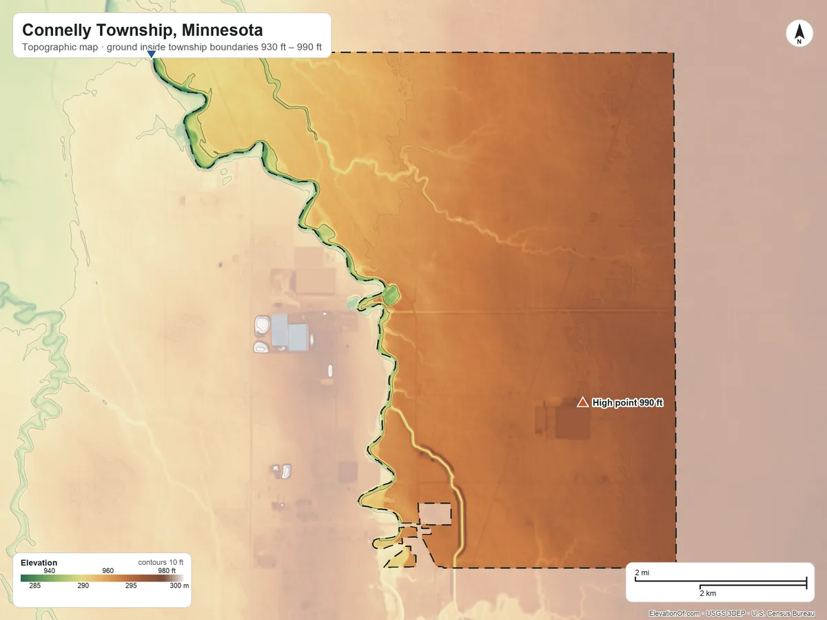 Topographic elevation map of Connelly Township, Minnesota, shaded from 930 ft on the northwest side to 990 ft on the east side