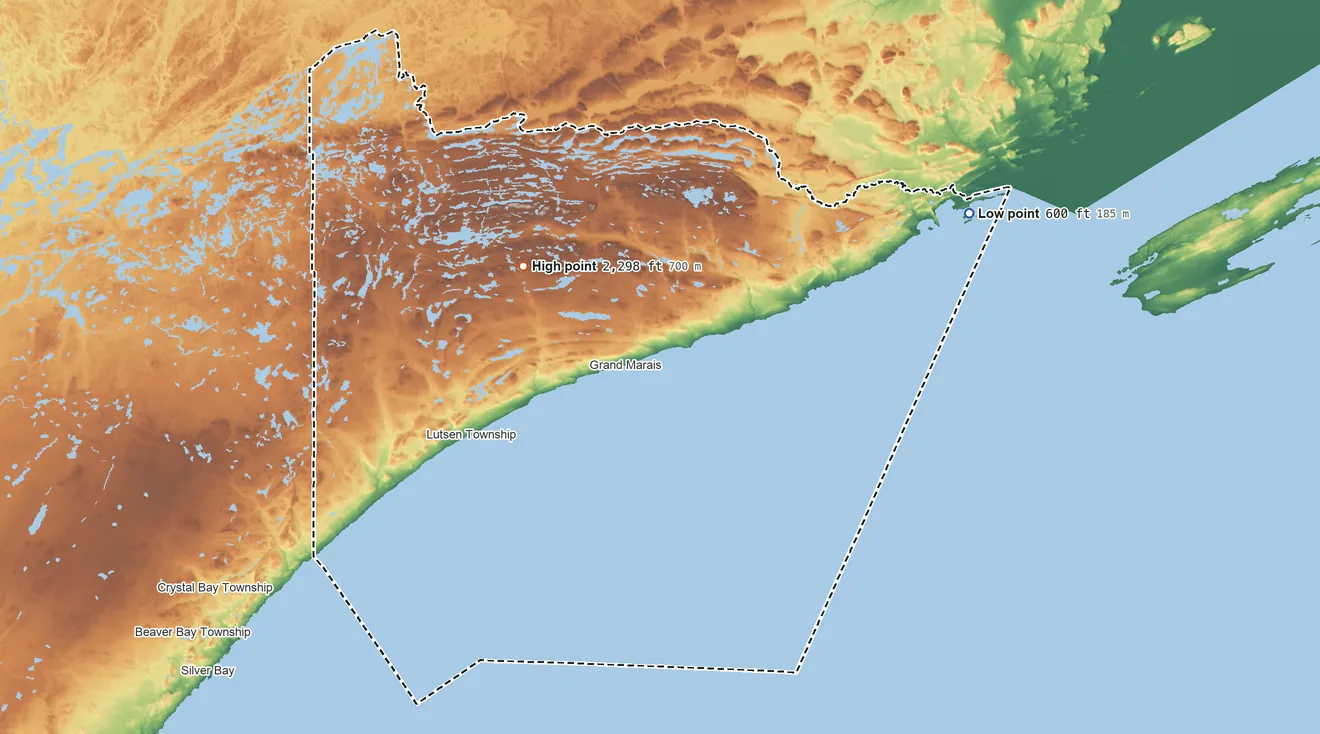 Topographic elevation map of Cook County, Minnesota, shaded from 600 ft on the shore of Lake Superior to 2,298 ft on Eagle Mountain