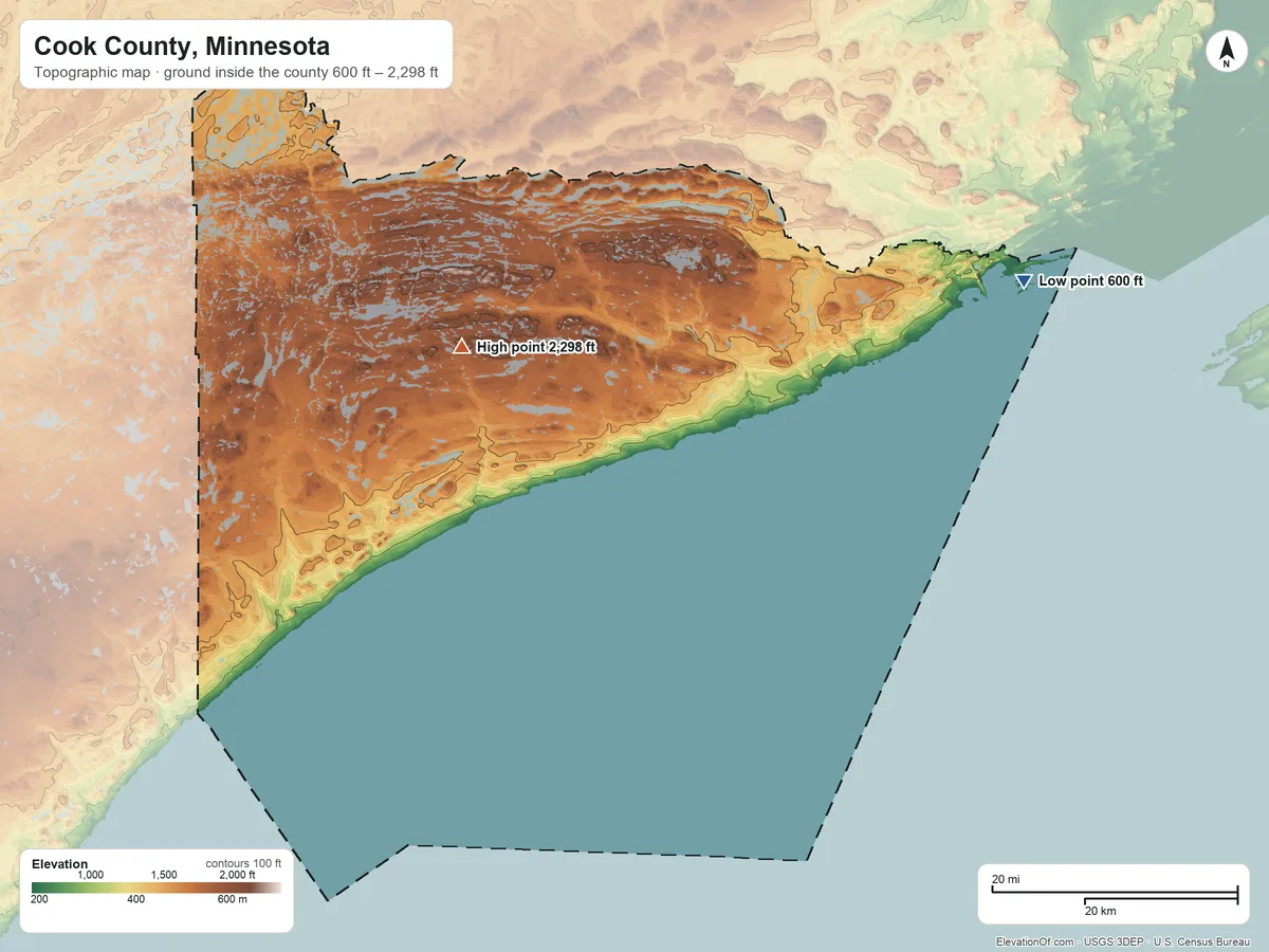 Topographic elevation map of Cook County, Minnesota, shaded from 600 ft on the shore of Lake Superior to 2,298 ft on Eagle Mountain