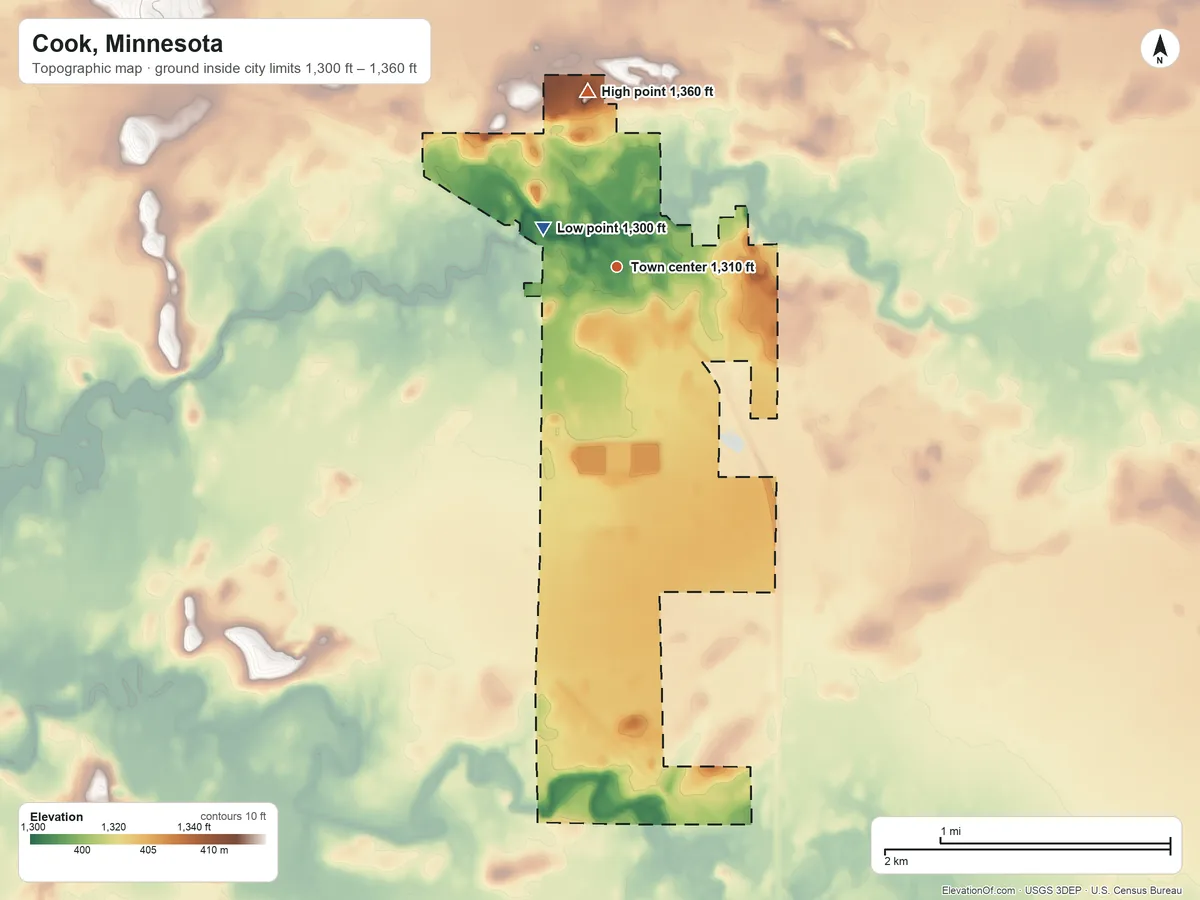 Topographic elevation map of Cook, Minnesota, shaded from 1,300 ft on the northwest side to 1,360 ft on the north side