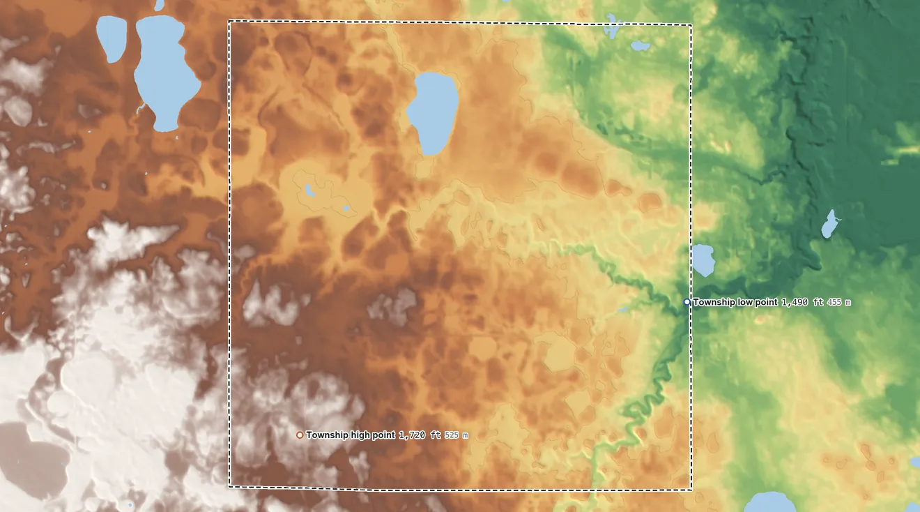 Topographic elevation map of Coon Creek Township, Minnesota, shaded from 1,490 ft on the east side to 1,720 ft on the southwest side