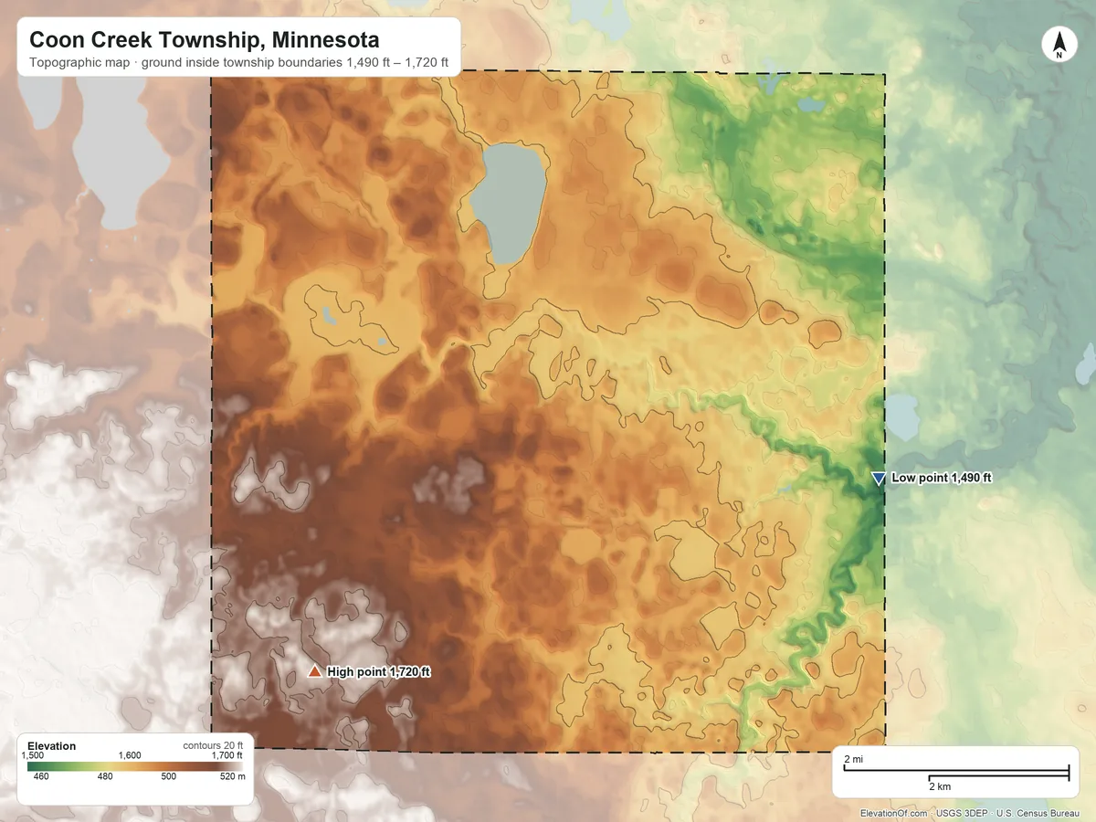 Topographic elevation map of Coon Creek Township, Minnesota, shaded from 1,490 ft on the east side to 1,720 ft on the southwest side