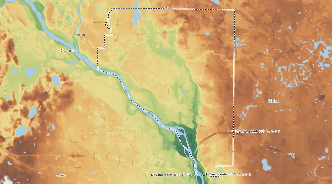 Topographic elevation map of Coon Rapids, Minnesota, shaded from 810 ft near the middle to 950 ft on the northeast side