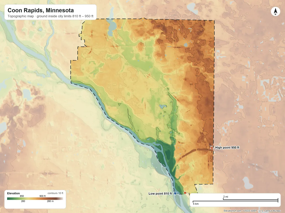 Topographic elevation map of Coon Rapids, Minnesota, shaded from 810 ft near the middle to 950 ft on the northeast side
