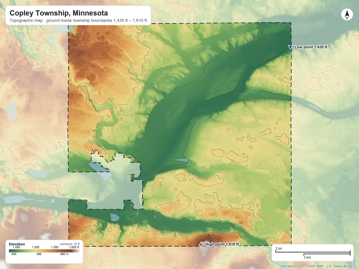 Topographic elevation map of Copley Township, Minnesota, shaded from 1,430 ft on the northeast side to 1,610 ft on the south side