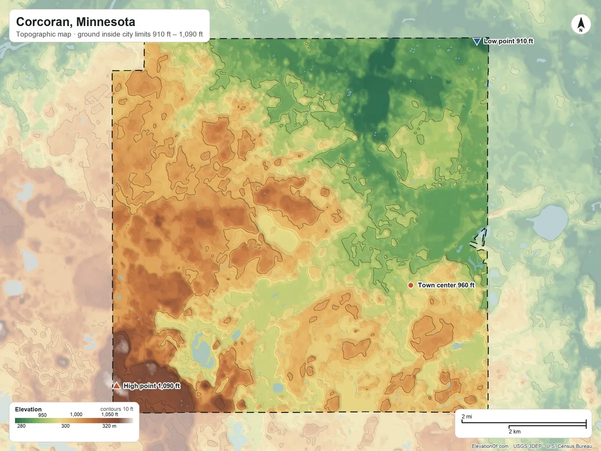 Topographic elevation map of Corcoran, Minnesota, shaded from 910 ft on the north side to 1,090 ft on the west side