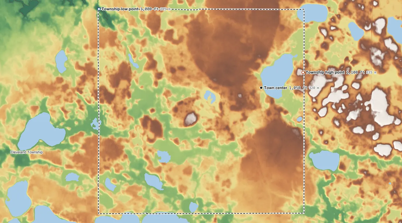 Topographic elevation map of Cordova Township, Minnesota, shaded from 1,000 ft on the northwest side to 1,100 ft on the east side