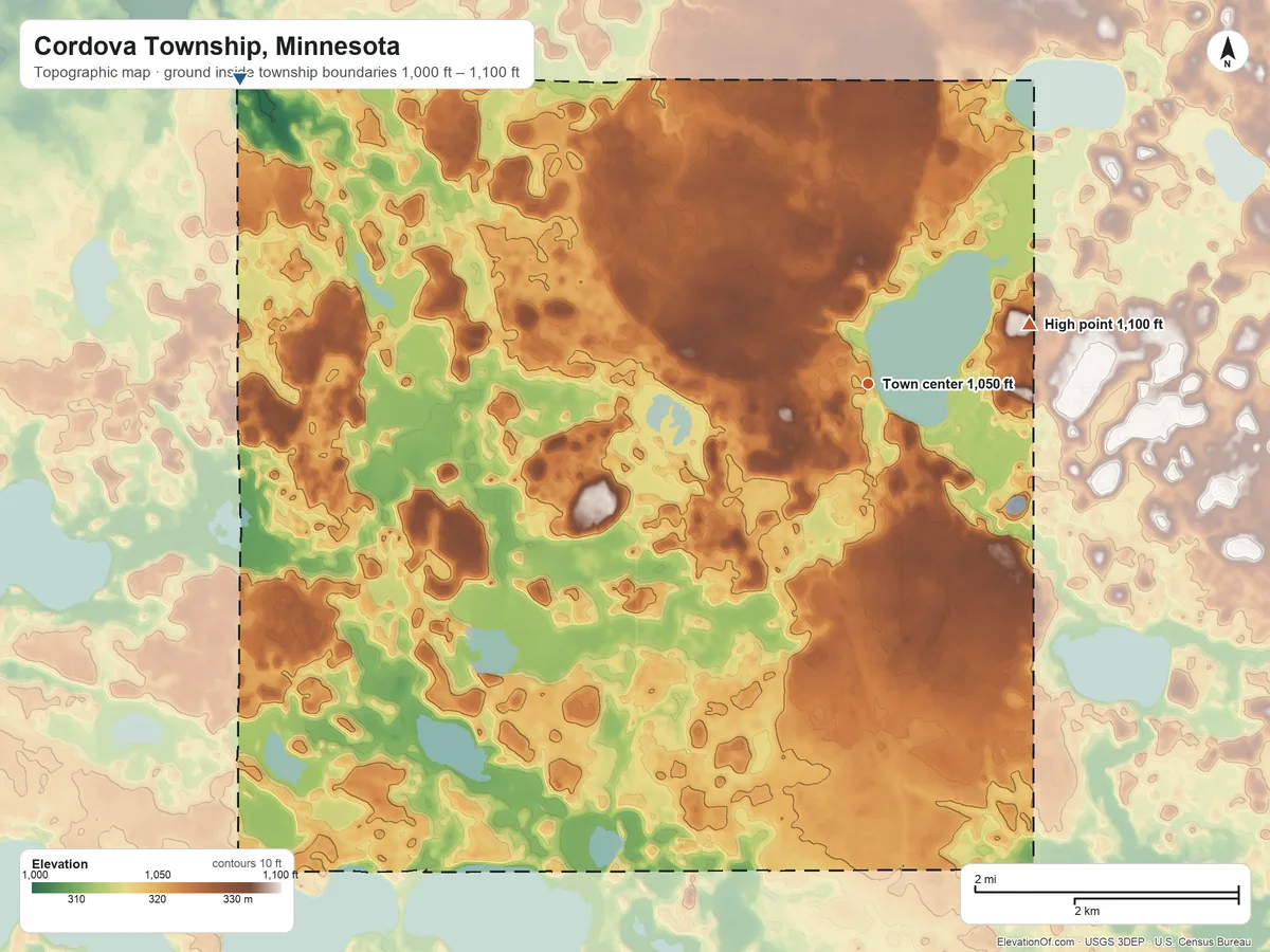 Topographic elevation map of Cordova Township, Minnesota, shaded from 1,000 ft on the northwest side to 1,100 ft on the east side
