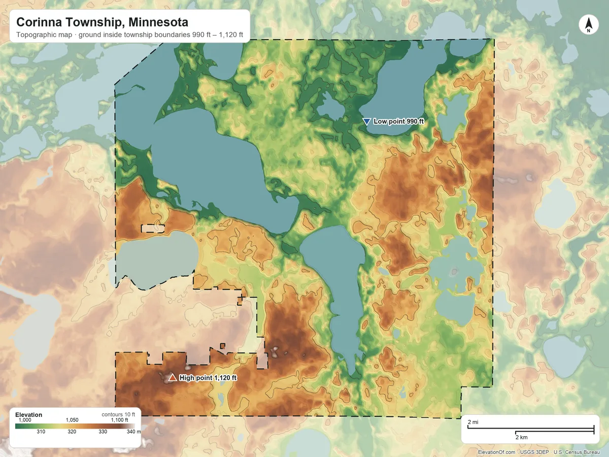 Topographic elevation map of Corinna Township, Minnesota, shaded from 990 ft on the north side to 1,120 ft on the southwest side
