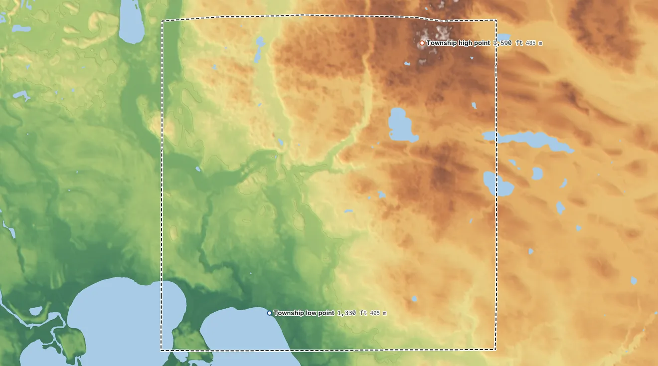 Topographic elevation map of Corliss Township, Minnesota, shaded from 1,330 ft on the south side to 1,590 ft on the northeast side