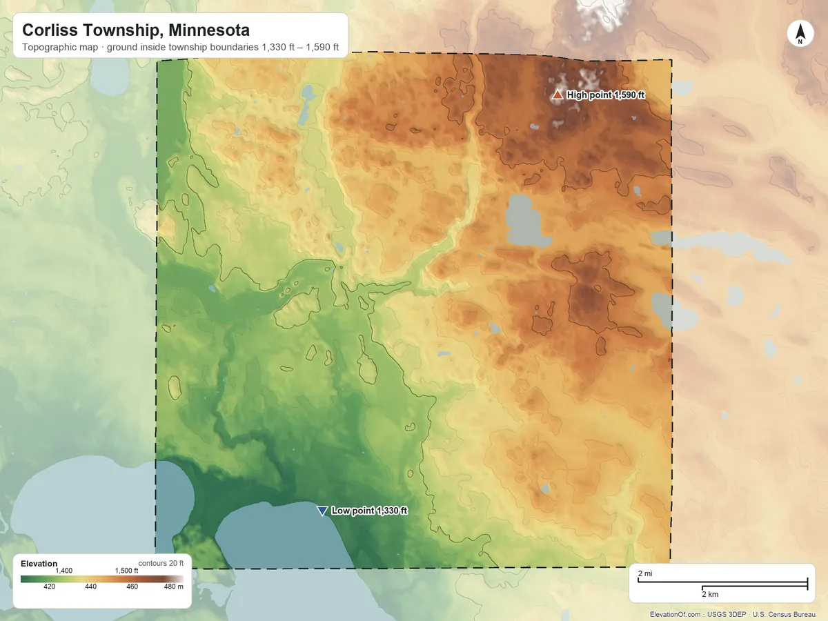 Topographic elevation map of Corliss Township, Minnesota, shaded from 1,330 ft on the south side to 1,590 ft on the northeast side