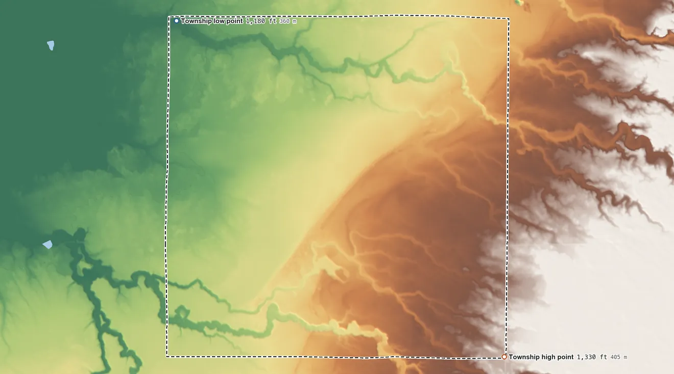 Topographic elevation map of Cormant Township, Minnesota, shaded from 1,180 ft on the west side to 1,330 ft on the southeast side